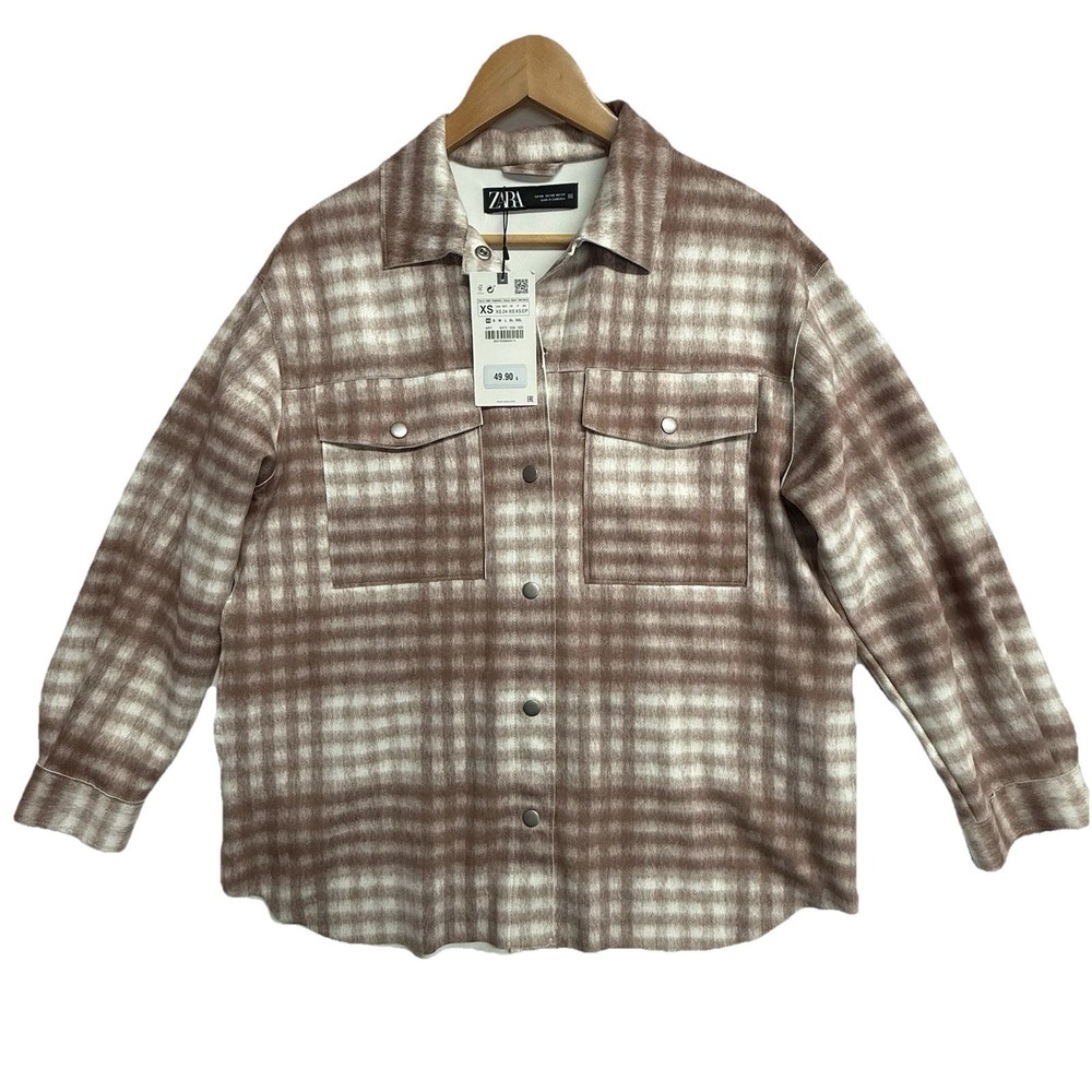 Zara Womens XS Plaid Shacket NWT Snap Front Shirt Jacket Brown Cream